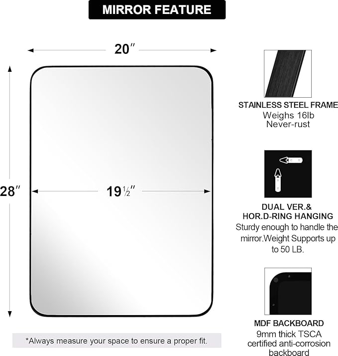 ANDY STAR Wall Mirror for Bathroom, 20”x28” Black Bathroom Mirror, Rounded Rectangle Mirror in Premium Stainless Steel Metal Frame Hangs Horizontal Or Vertical