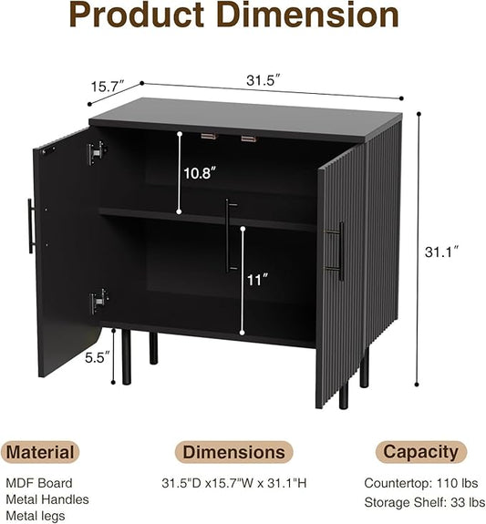 Set of 2 Fluted Black Storage Cabinets, Modern 2-Door Sideboard Buffet Cabinet with Adjustable Shelves and Metal Legs, Accent Cabinet for Kitchen, Living Room, Entryway (Black)
