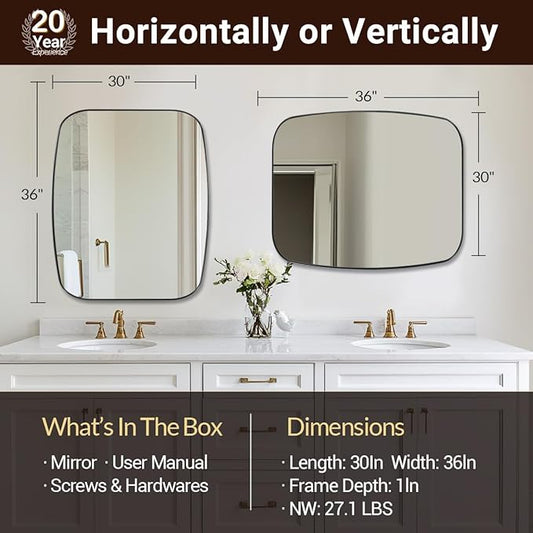 ANDY STAR 30x36” Black Bathroom Mirror, Oblong Vanity Mirror with Stainless Steel Metal Frame, Matte Black Oval Mirror for Over Sink, Modern Anti Rust Wall Mounted
