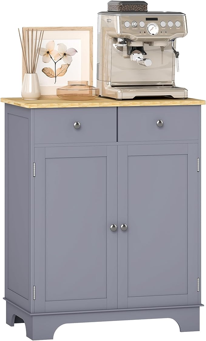 HOMCOM Sideboard with Solid Wood Countertop, Modern Kitchen Storage Cabinet, Coffee Bar Cabinet with 2 Drawers, Doors and Adjustable Shelf, Gray