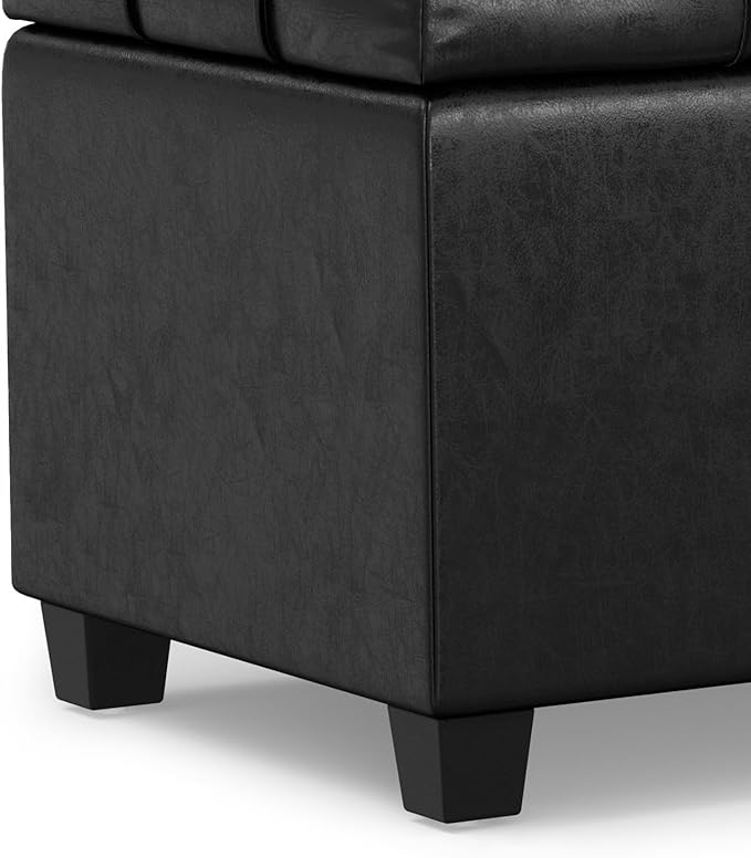 SIMPLIHOME Sienna 33 inch Wide Transitional Rectangle Storage Ottoman Bench in Distressed Black Vegan Faux Leather, Assembled, for The Living Room, Entryway and Family Room
