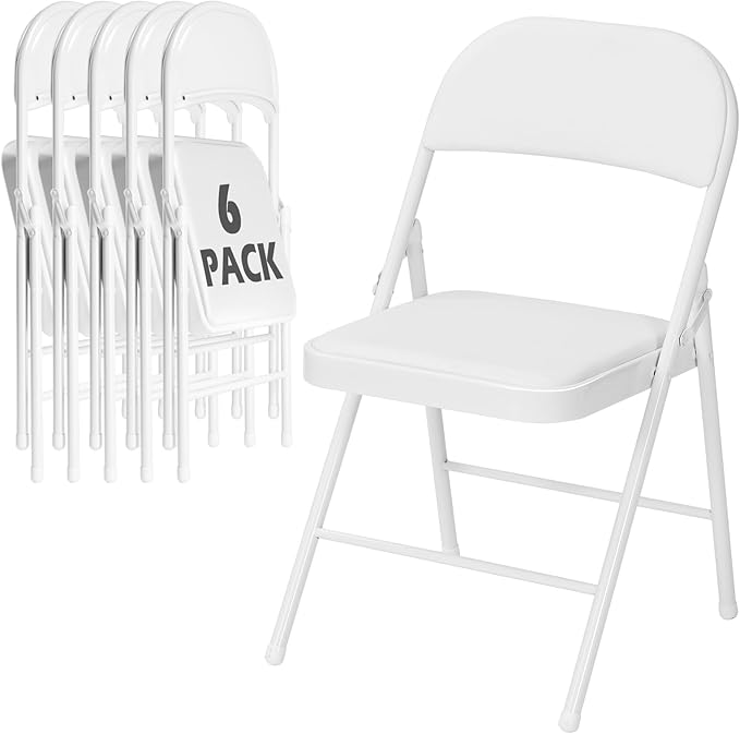 6 Pack White Folding Chairs with Padded Cushion for Outside, Portable Stackable Commercial Metal Foldable Chairs with Steel Frame for Home Events Office Wedding Party, 350lbs Capacity