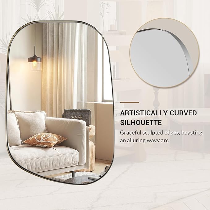 ANDY STAR 24"x40" Irregular Wall Mirror,Polished Chrome Asymmetrical Bathroom Mirror with Stainless Steel Metal Frame, Wall-Mounted Mirror for Bathroom, Entryway (Horizontal/Vertical)