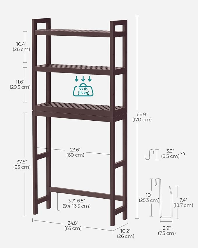 SONGMICS Over The Toilet Storage, 3-Tier Over Toilet Bathroom Organizer with Adjustable Shelf, 10.2 x 24.8 x 66.9 Inches, Space-Saving, Brown UBTS01BR