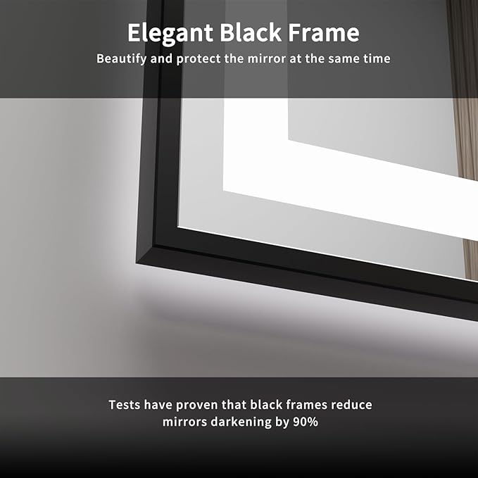 LED Bathroom Mirror, 24x32 Inch Black Framed Gradient Front and Backlit LED Mirror for Bathroom, 3 Colors Dimmable CRI>90, Enhanced Anti-Fog Wall Mounted Lighted Vanity Mirror