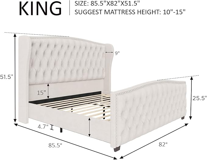 AMERLIFE King Size Platform Bed Frame, Velvet Upholstered Bed with Deep Button Tufted & Nailhead Trim Wingback Headboard/No Box Spring Required/Cream