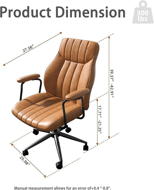 Brown Leather Office Desk Chair with Wheels and Arms, Height Adjustable, Vintage, Mid Century Modern Style