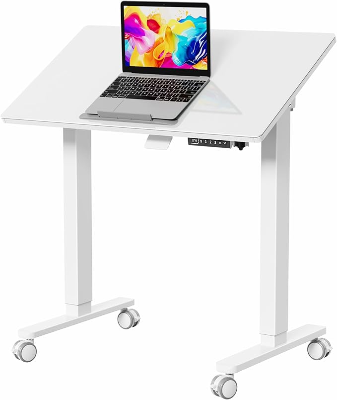 35inch Glass Standing Desk,90° Tiltable Mobile Rising Desk Height Adjustable,Whole Piece Rolling Sit Stand Table with Wheels,Foldable Small Laptop Desk,White