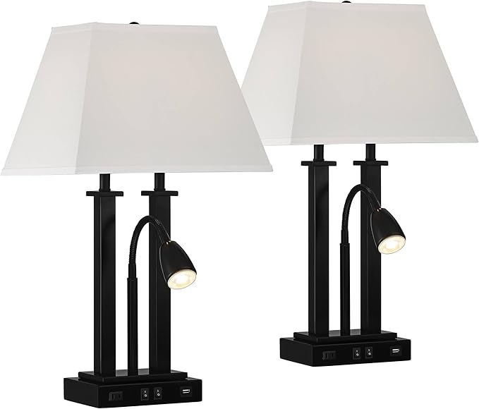 Possini Euro Design Deacon 26" High Industrial Modern Desk Lamps Set of 2 USB Port AC Power Outlet Gooseneck Black Metal Oatmeal Shade Home Office Living Room Charging Bedroom Bedside Nightstand