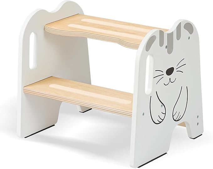 Wooden Step Stool - Two Step Stools Toddler 250 lbs Capacity with Safety Non-Slip Pads - Potty Training Stool for Bathroom Sink, Bedroom, Kitchen Dual Height Step Stools for Kids(Cat|White)