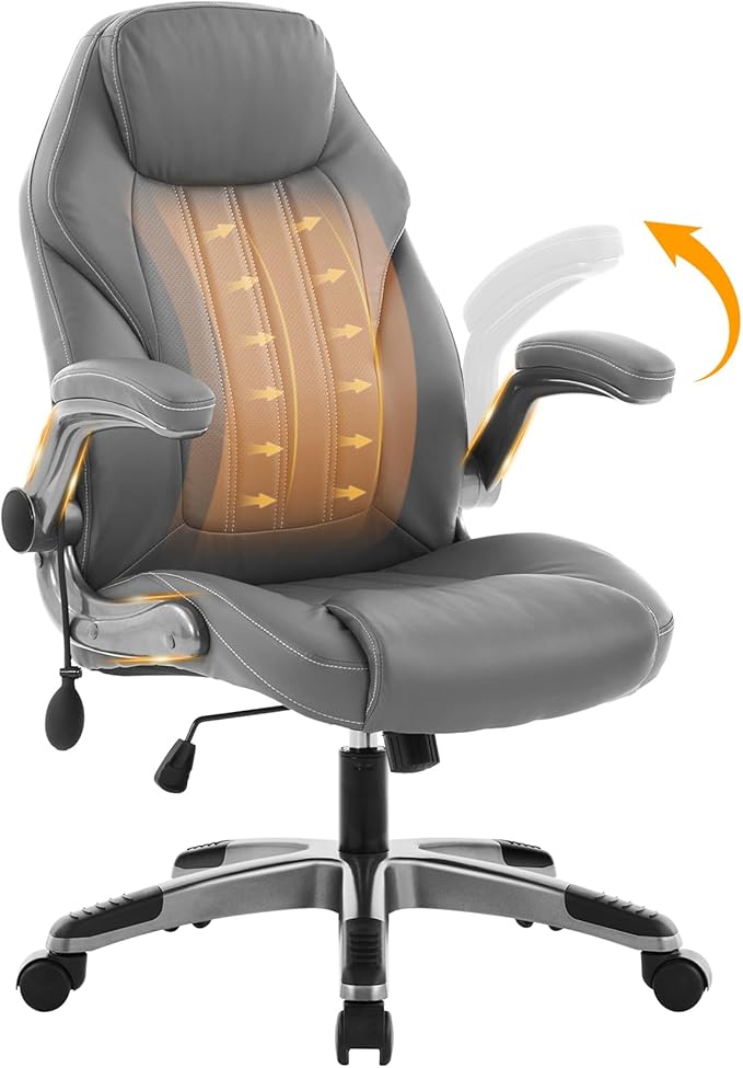 Office Desk Chair, Ergonomic Computer Chair with Padded Flip-Up Arms and Adjustable Lumbar Support, PU Leather Executive Chair with Tilt Lock and 360° Swivel Rolling Wheels for Work, Study