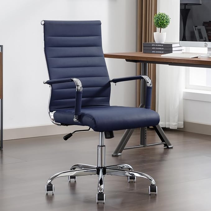 Office Desk Chair Leather, Conference Room Chairs with Wheels, Executive Modern High Back Ergonomic Swivel Rolling Ribbed Computer Chair