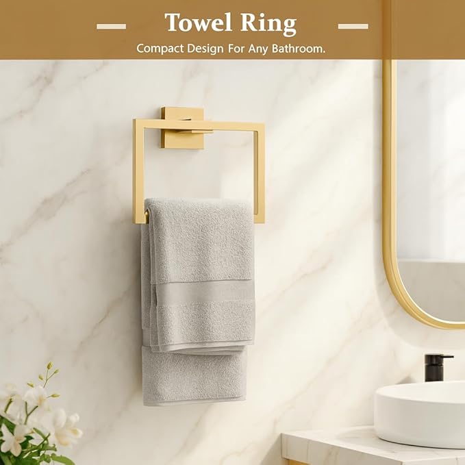 5-Piece Bathroom Hardware Set, Brushed Gold Bathroom Accessories 304 Stainless Steel, Including 23.8 inch Bath Towel Bar*2, Double Towel Hook, Toilet Paper Holder, and Towel Ring
