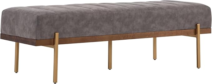 Christopher Knight Home Neapo Bench Ottoman, Rectangular Ottoman, Spacious Seating Chair, Upholstered Footstool, Tufted Bench with Gold Legs for Bedroom Living Room Entryway Hallway, Grey+Gold