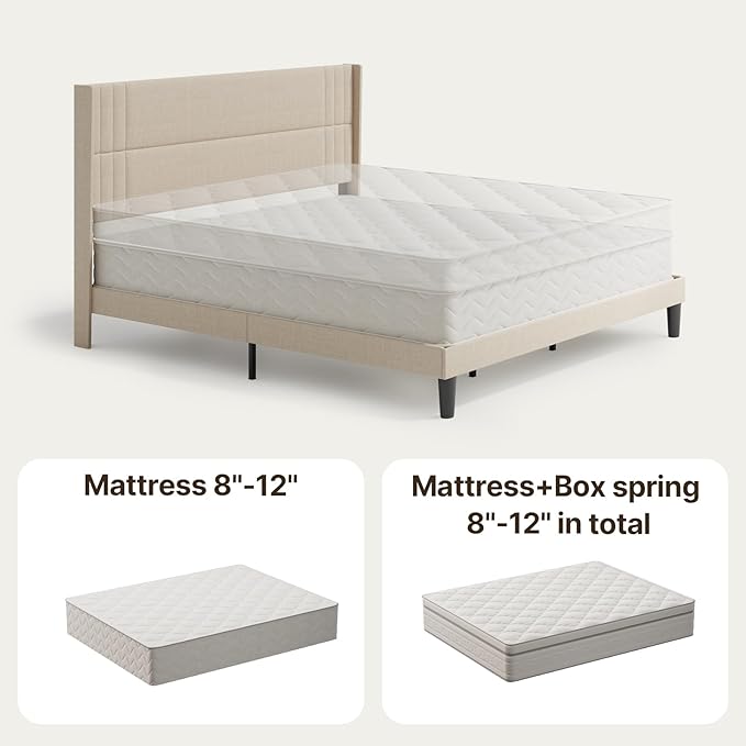 Gizoon King Bed Frame with Wingback Headboard, Upholstered Platform Bed with Modern Geometric Headboard, Wooden Slats, Noise-Free, No Box Spring Needed