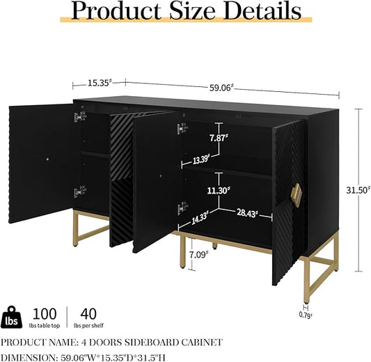 Sideboard Buffet Cabinet with Storage - Accent Storage Cabinet with Doors, Wood 4 Doors Cabinet with Metal Legs, 60" Buffets & Sideboards, Modern Credenza for Living Room (Black)
