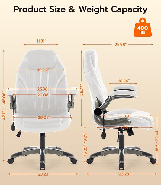 Office Desk Chair, Ergonomic Computer Chair with Padded Flip-Up Arms and Adjustable Lumbar Support, PU Leather Executive Chair with Tilt Lock and 360° Swivel Rolling Wheels for Work, Study