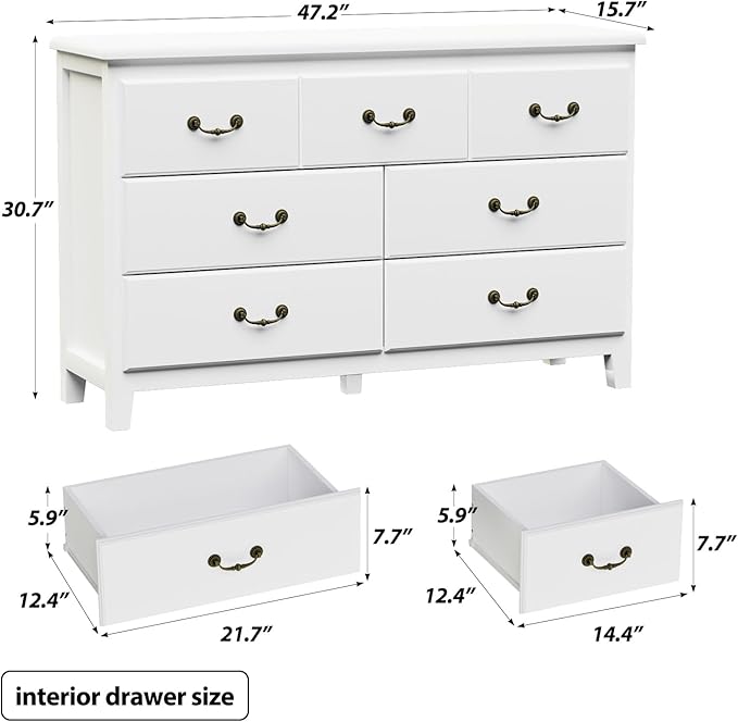 White Dresser for Bedroom, Modern 7 Drawer Double Dresser with Vintage Gold Antique Handles, Chest of Drawers for Bedroom, Antique White