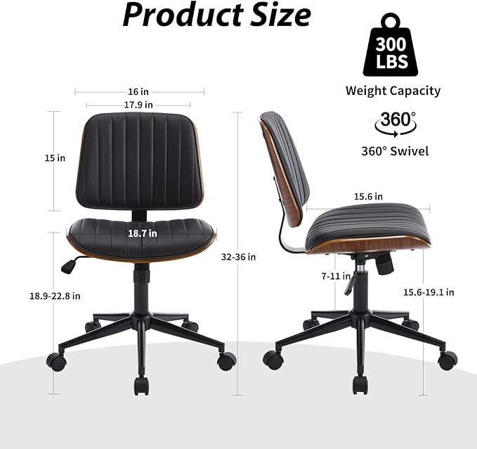 Small Home Office Chair - Armless Mid Back Desk Chair with 360° Swivel and Wheels, PU Upholstered Height Adjustable Modern Walnut Computer Chair for Home, Office Meeting Room - White