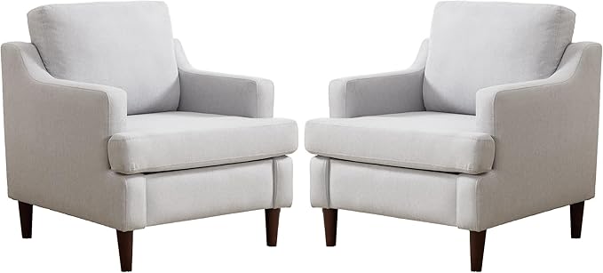 Mid-Century Accent Chair Modern Linen Fabric Armchair for Living Room,Comfy Upholstered Reading Chairs for Bedroom,Single Sofa Chair with Wood Legs (LightGrey, Set of 2)