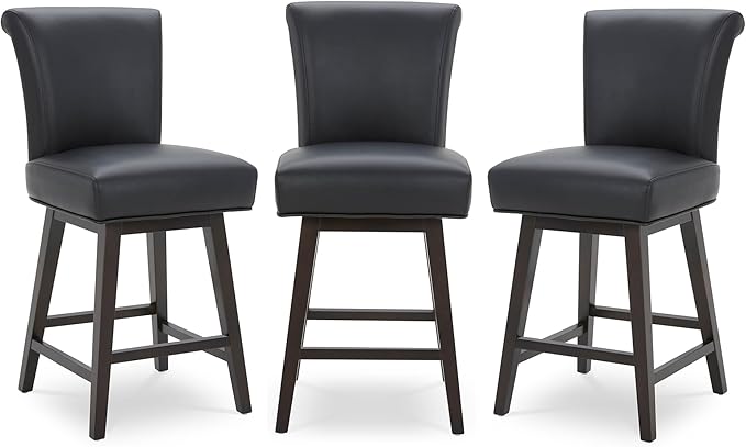 CHITA 26 Inch Counter Height Swivel Bar Stools Set of 3, FSC Certified Modern Upholstered Faux Leather Swivel Barstool Chair with Back, Black