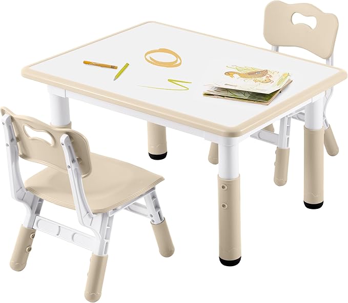 Kids Study Table and Chairs Set, Height Adjustable Toddler Table and Chair Set for Kids Ages 3-8, 31.5" L x 23.6" W Graffiti Desktop Plastic Children Art Table with 2 Seats