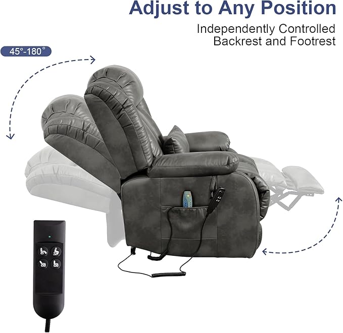 MAEVIS Large Genuine Leather Power Lift Recliner Chair, Dual Motor Recliner for Elderly,Extended Footrest and Lumbar Pillow for Tall Man,with Heat and Massage, USB and Type-C Ports(Silver Gray)