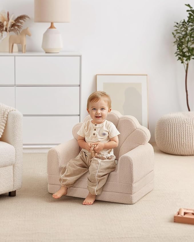 Blissful Diary Kids Couch, 2-in-1 Soft Toddler Couch Fold Out, Toddler Chair Comfy, Convertible Sofa to Lounger, Kids Furniture for Playroom, Gift for Birthday, Children's Day, Beige Shell