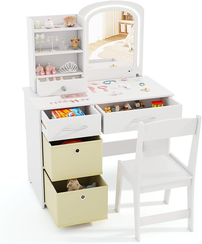 HONEY JOY Kids Vanity, Little Girls Vanity Set with Mirror and Stool and Lights, Wooden Princess Makeup Dressing Table, Storage Box & Shelf, Pretend Play Kids Vanity Table and Chair Set(White)
