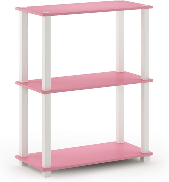 Furinno TURN-S-TUBE Storage Shelves, 3-Tier Book Shelf, Corner Shelf, Toolless Open Shelves, for Organization and Storage, Living Room, Garage, Home Office, Pink