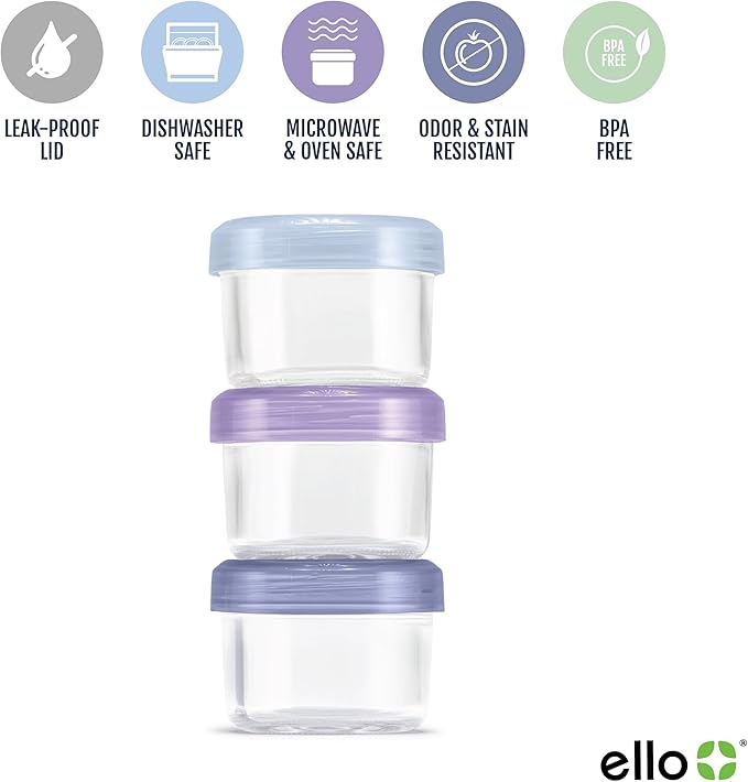 Ello Color Lock 3-Pack 4oz Reusable Glass Condiment Containers with Screw-on Leak-Proof Lid, Perfect for Salad Dressing Sauce Dips, Lunchbox Picnic, BPA-Free, Purple Rain
