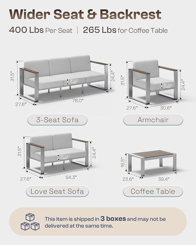 Aluminum Patio Furniture Set, 5 Seats Outdoor Patio Conversation Sets with Ergonomic Seat and Wide Washable Thick Cushions, Modern Outdoor Sectional Furniture for Balcony, Porch (Gray)
