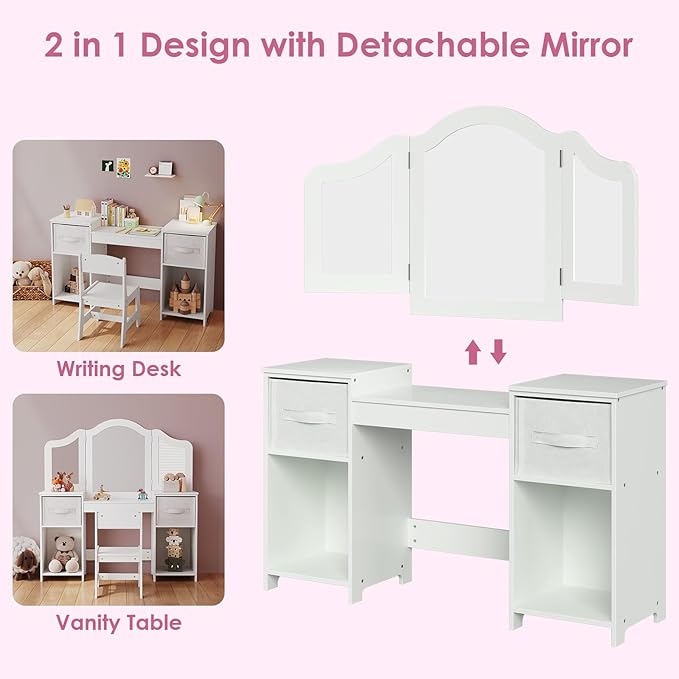 Arlopu Kids Vanity Set, 2 in 1 Toddler Makeup Dressing Table and Chair Set w/Detachable Tri-fold Mirror, Open Shelves, Princess Wooden Pretend Play Desk Furniture Toy for Little Girl (White)