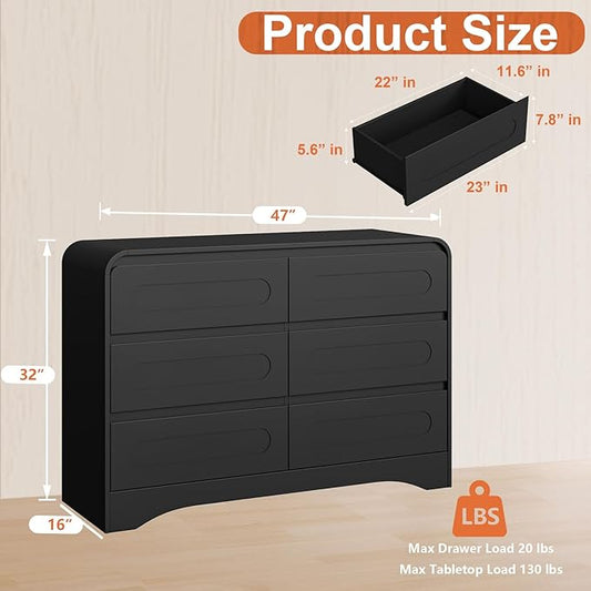 Black Dresser, Modern 6 Drawers Dressers & Chest of Drawers with Pre-installed Slide&Curved Profile Design, 47" Wide Wood Closet Clothes Storage Dressers Organizer for Bedroom Living Room Hallway