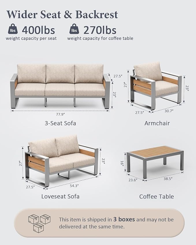 ZANDOR Outdoor Patio Conversation Sets, 4-Piece Aluminum Metal Outside Sectional Lawn Furniture with Coffee Table & Washable Thick Cushions,Seating Sofa for Garden/Backyard/Porch, Silver
