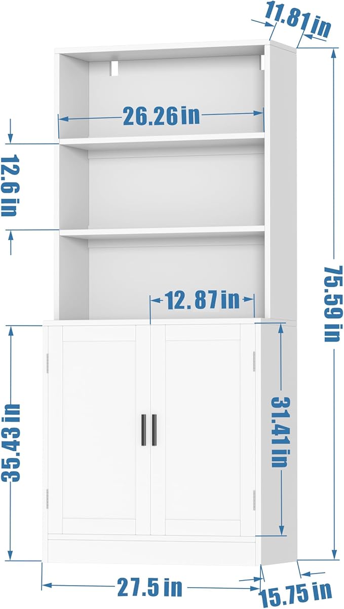 75" Tall Bookcase with Doors, 5 Tier Large Bookshelf with Cabinet, Standing Wood Display Book Shelf for Living Room, Office, Library with Doors, White