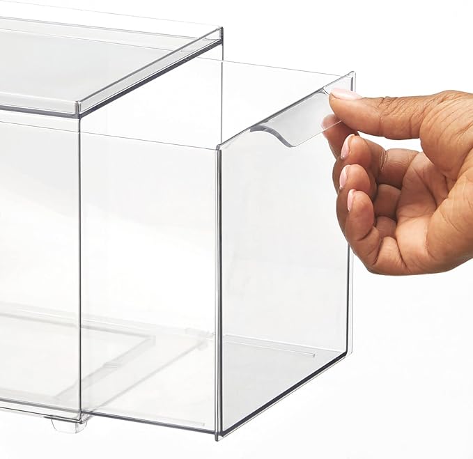 mDesign Plastic Pantry Organization and Storage Bin w/Pull Out Drawer - Slim Stackable Kitchen Supplies Storage Container for Organizing Cabinet, Fridge, Freezer - Lumiere Collection - 4 Pack - Clear