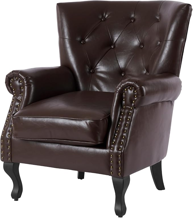 Modern Faux Leather Accent Chair, Upholstered Mid-Century Armchair with Solid Wood Legs, Single Sofa Chair for Living Room, Bedroom, or Reading Room(Caramel)