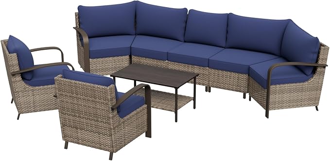COOS BAY Aurora Terrace Half-Moon Outdoor Furniture Set, Rattan Conversation Set with Patio Chairs, Curved 5-Seat Sofa, Coffee Table, Seats 7, Beige/Blue