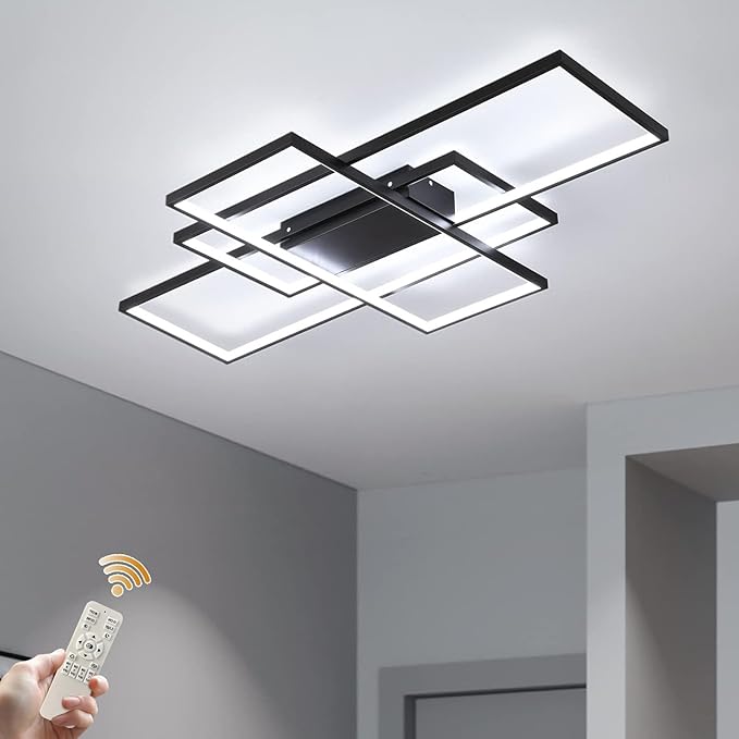 GEADI Modern Extra Large LED Ceiling Lights, Black Dimmable Rectangular Chandelier 68W Flush Mount Ceiling Lamp with Remote 3 Squares Ceiling Light Fixtures for Living Dining Room Kitchen, 41.3in