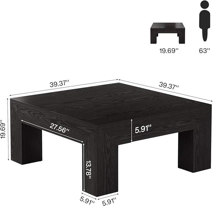 Tribesigns 39.4-Inch Square Coffee Table for Living Room, Farmhouse All MDF Accent Center Cocktail Table with Sturdy Wooden Legs, Easy Assembly, Black