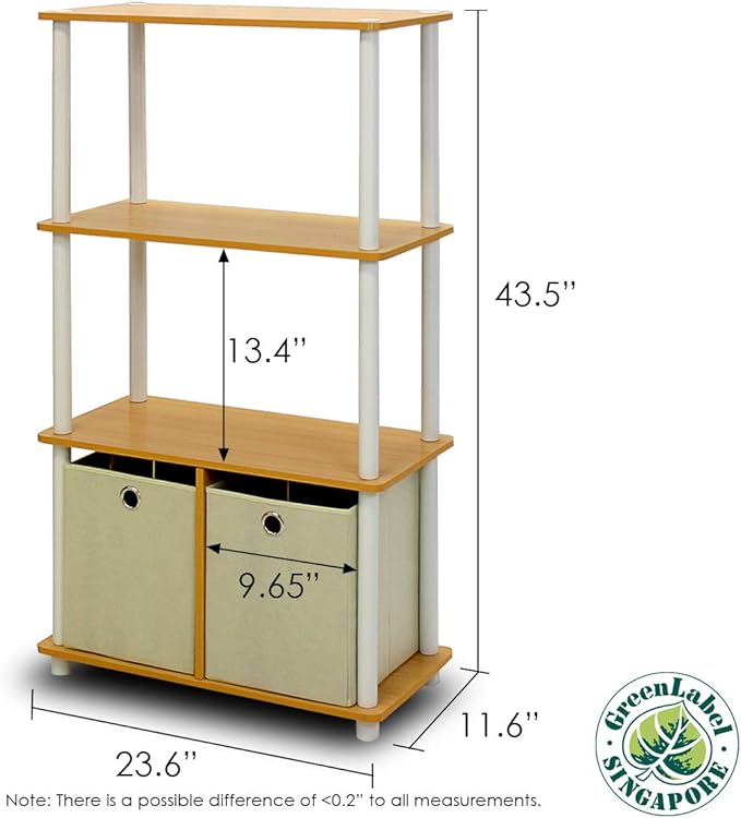 Furinno Go Green 4-Tier Multipurpose Storage Rack Shelving Unit with Bins (Set of 2), Beech