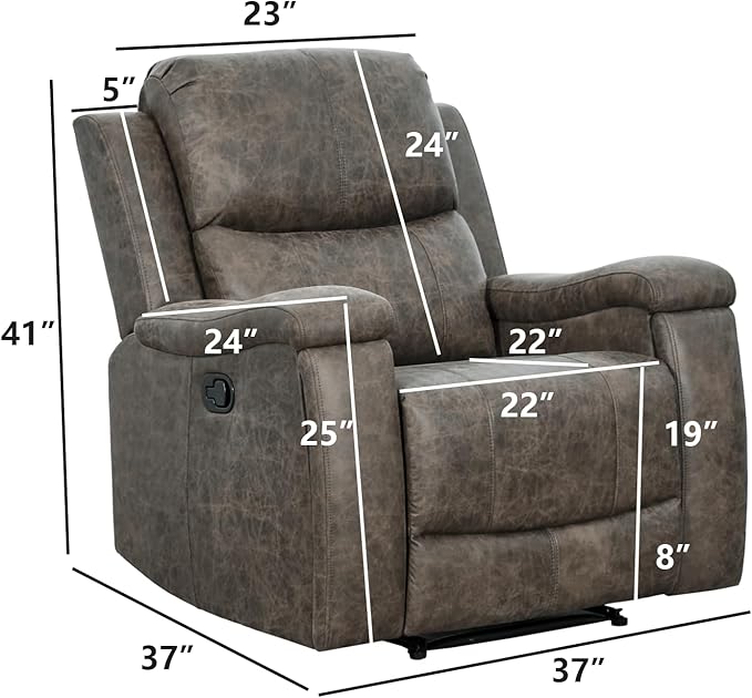 EBELLO Grey Recliner Chair, Single Overstuffed Sofa Recliners, Breathable Faux Leather Manual Reclining Chairs with Hidden Cup Holder, Arm and Back for Adults, Living Room, Bedroom, Grey