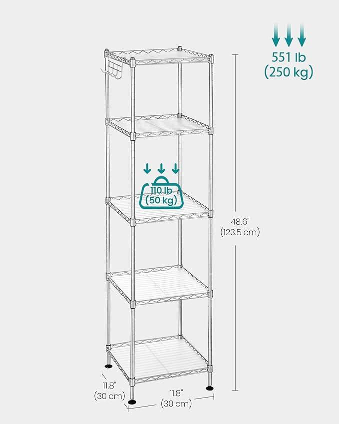 SONGMICS 5-Tier Bathroom Shelf, Storage Rack for Small Space, with 5 PP Shelf Liners, Removable Hook, Extendable Design, Silver and Translucent ULGR023S01