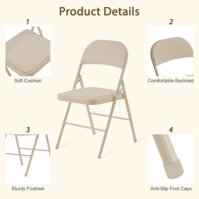 10 Pack Folding Chairs with Padded Cushion and Back, Khaki Portable and Foldable Chairs with Durable Metal Frame for Indoor Outdoor Office Party Events Kitchen, 330lbs Capacity