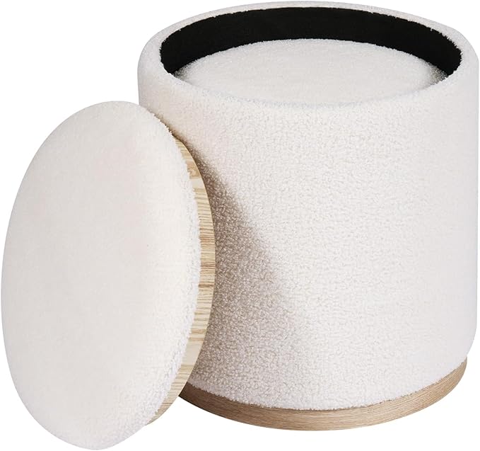 PINPLUS Round Ottoman with Storage Set of 2, Vanity Stool with Tray Storage for Bedroom, Small Teddy Velvet Foot Rest Stool Ottoman for Living Room, Dorm (White)