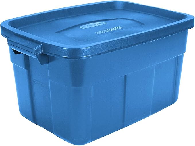 Rubbermaid Roughneck Tote 14 Gal, 6 Pack, Made in USA, Heritage Blue, Rugged Plastic Stackable Storage Bins with Lids and Handles