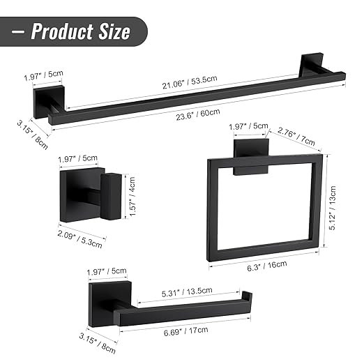 YACVCL Black Towel Bar Set 5-Piece Bathroom Hardware Accessories Set,SUS304 Stainless Steel Towel Rack Set,23.6 Inch Towel Bar,Toilet Paper Holder,Towel Ring and Towel Hooks,Wall Mounted