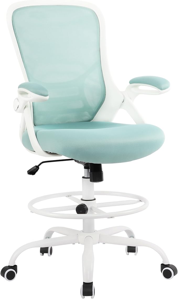 HYLONE Drafting Chair Tiffany Blue, Tall Office Chair Standing Desk Stool with Adjustable Height, Foot Ring, Flip-Up Arms, Mesh High-Back Office Chair, White