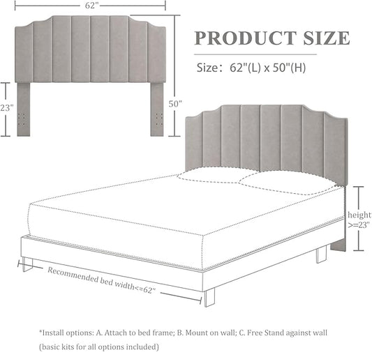 Queen Size Headboard Only, Velvet Wall Mounted Headboard Queen Size for Adjustable Bed, Modern Vertical Channel Design with Curved Tufted Upholstered Head Board and Luxury Soft Padded, Gray